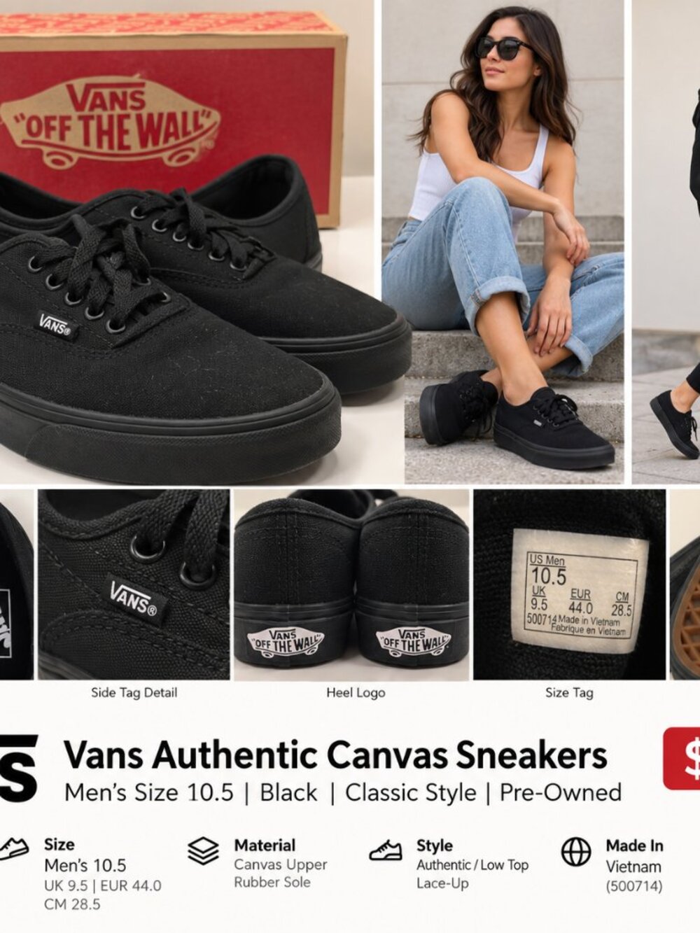 Vans Black Canvas Low Top Sneakers Mens 10.5 All Black